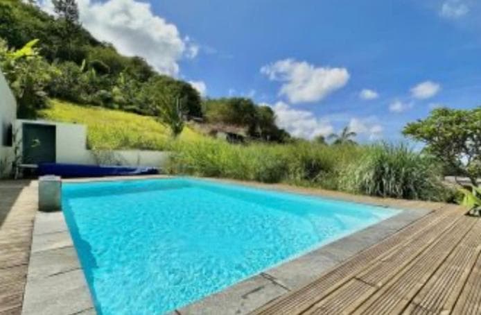 The pool at Le Zèbre à carreaux beside a wooden deck, a green hillside and blue sky