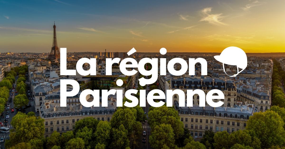 Vue de Paris au coucher du soleil avec la tour Eiffel, immeubles haussmanniens et arbres verts en avant-plan