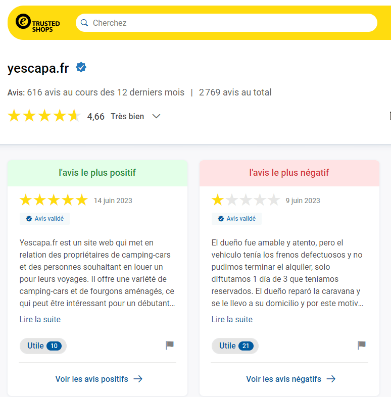 Badge Trusted Shops avec note Yescapa 4,66 sur 5, 616 avis sur les 12 derniers mois et 2 769 avis au total, avec exemples d'avis positif et négatif extraits