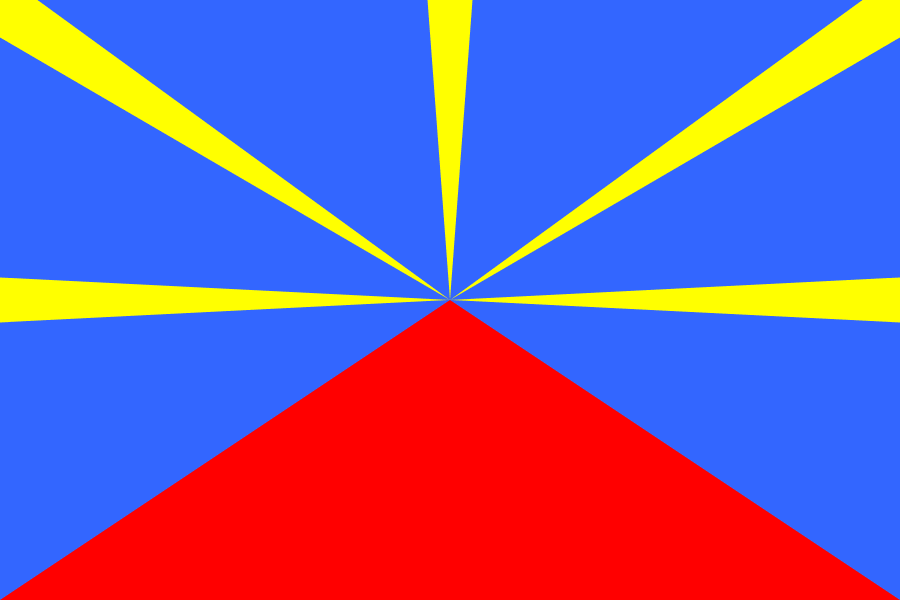 Drapeau Mavéli en représentation graphique : fond bleu marin, dix rayons jaunes émergent d'un point central, triangle rouge en partie basse pointe vers le sommet