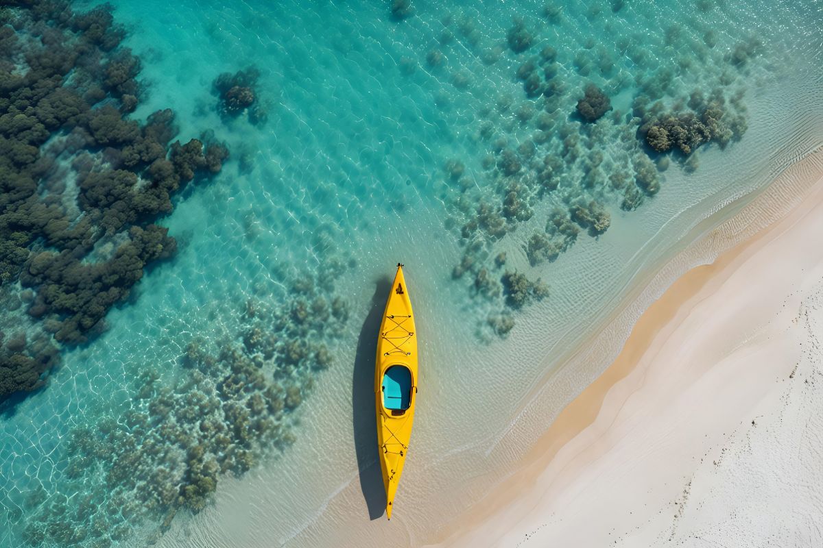Vue aérienne d'un kayak jaune sur lagon turquoise peu profond, contours de coraux visibles sous la surface, plage de sable blanc