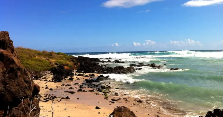 Côte sauvage de La Réunion avec rochers basaltiques, vagues écumantes et plage de sable doré : décor typique des hôtels de front de mer
