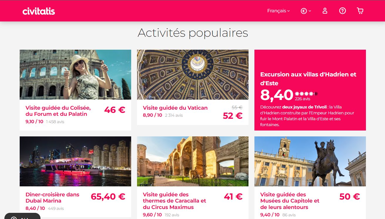 Page Activités populaires Civitatis présentant six excursions emblématiques, visite du Colisée à 46 €, du Vatican à 52 €, villas d'Hadrien à 8,40 €, dîner-croisière Dubaï 65,40 €, thermes de Caracalla 41 €, musées du Capitole 50 €