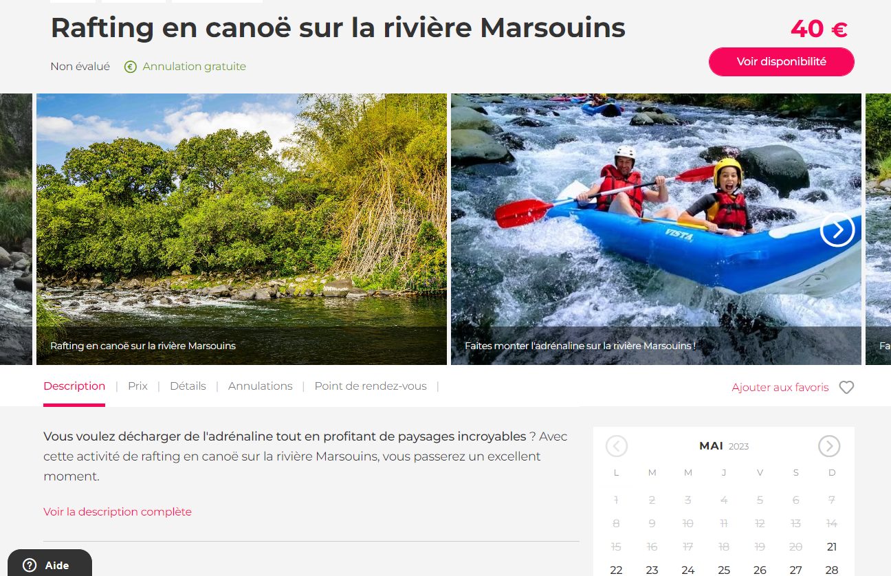 Page activité Civitatis Rafting en canoë sur la rivière Marsouins à 40 €, deux photos d'une descente en eau vive à La Réunion, annulation gratuite et calendrier de disponibilités