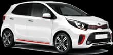 White rental Kia Picanto, three-quarter front view