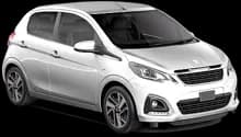 Peugeot 108 blanche de location, vue trois quarts avant