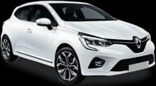 Renault Clio blanche de location, vue trois quarts avant