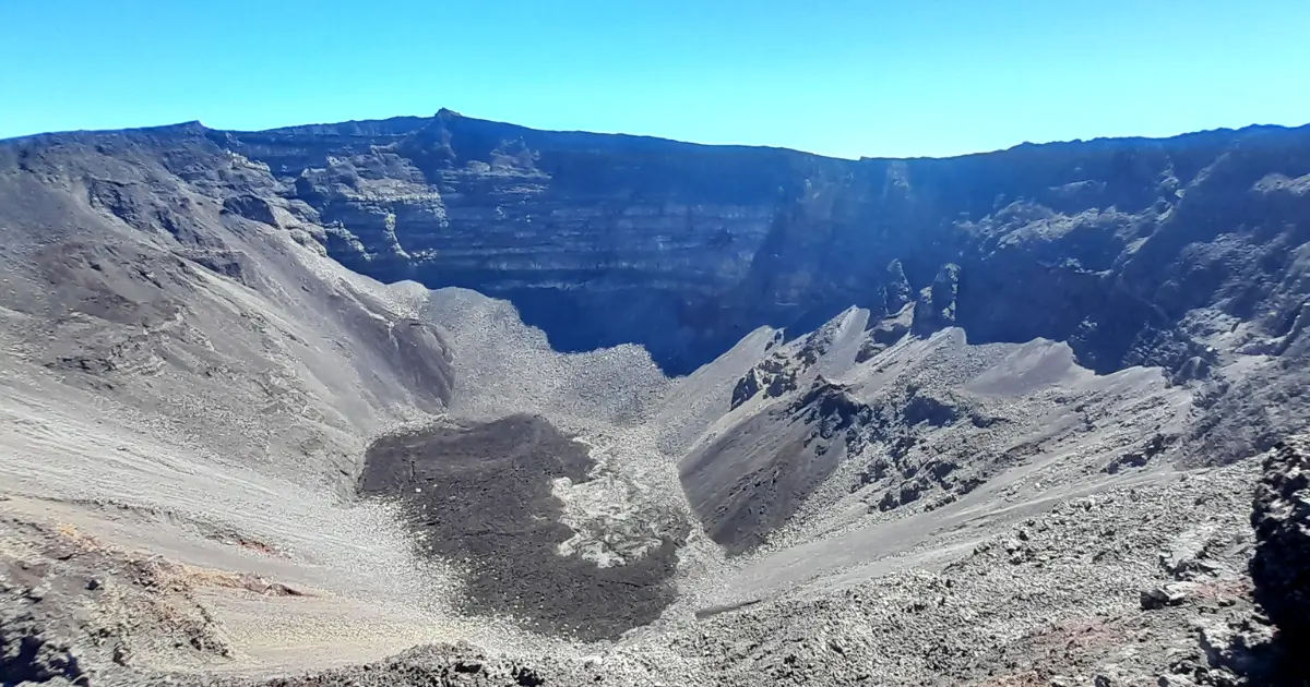 Dolomieu crater at Piton de la Fournaise seen from the rim, the lunar landscape emblematic of Reunion Island's unusual experiences