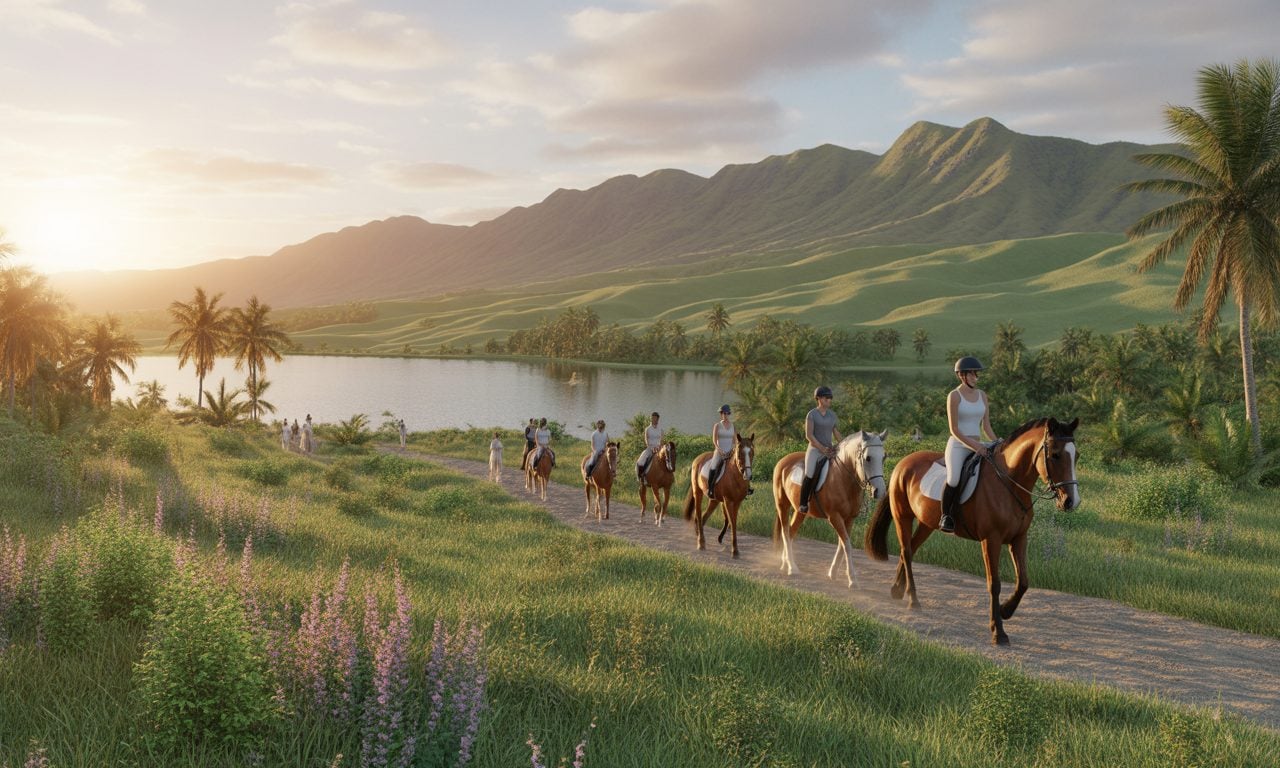 A group of riders walking their horses along a lake lined with palm trees and tall green ridges, soft late-afternoon light in Reunion Island