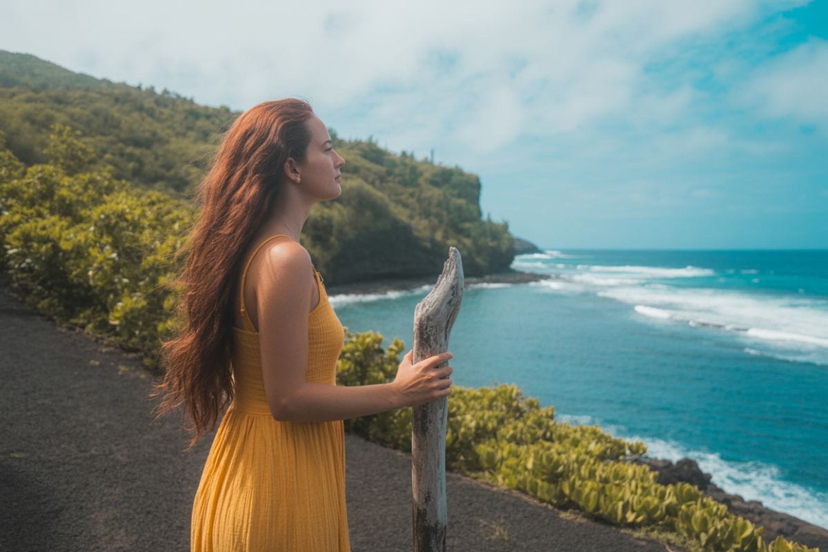 Voyageuse solo en robe jaune face à l'océan, falaise verte de la côte de La Réunion en arrière-plan