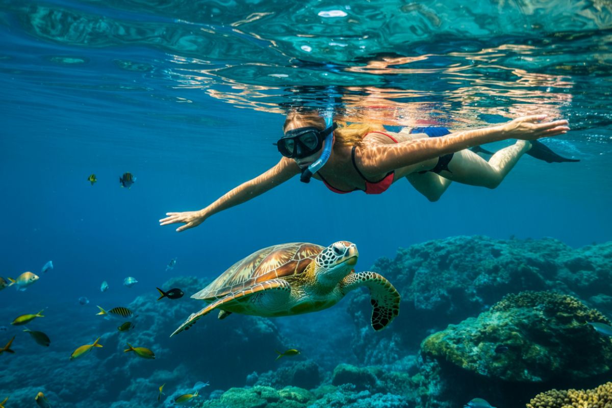 An adult green turtle gliding above the coral reef in Reunion Island, fins-mask-snorkel gear at the surface, colourful fish all around, a flagship sight at the Kelonia observatory