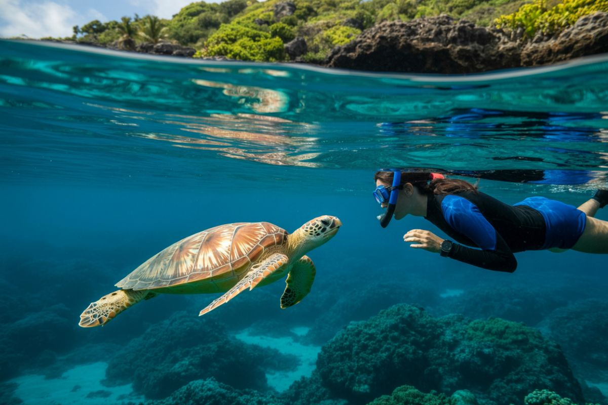 Snorkeler observant une tortue verte dans le lagon translucide de La Saline-les-Bains