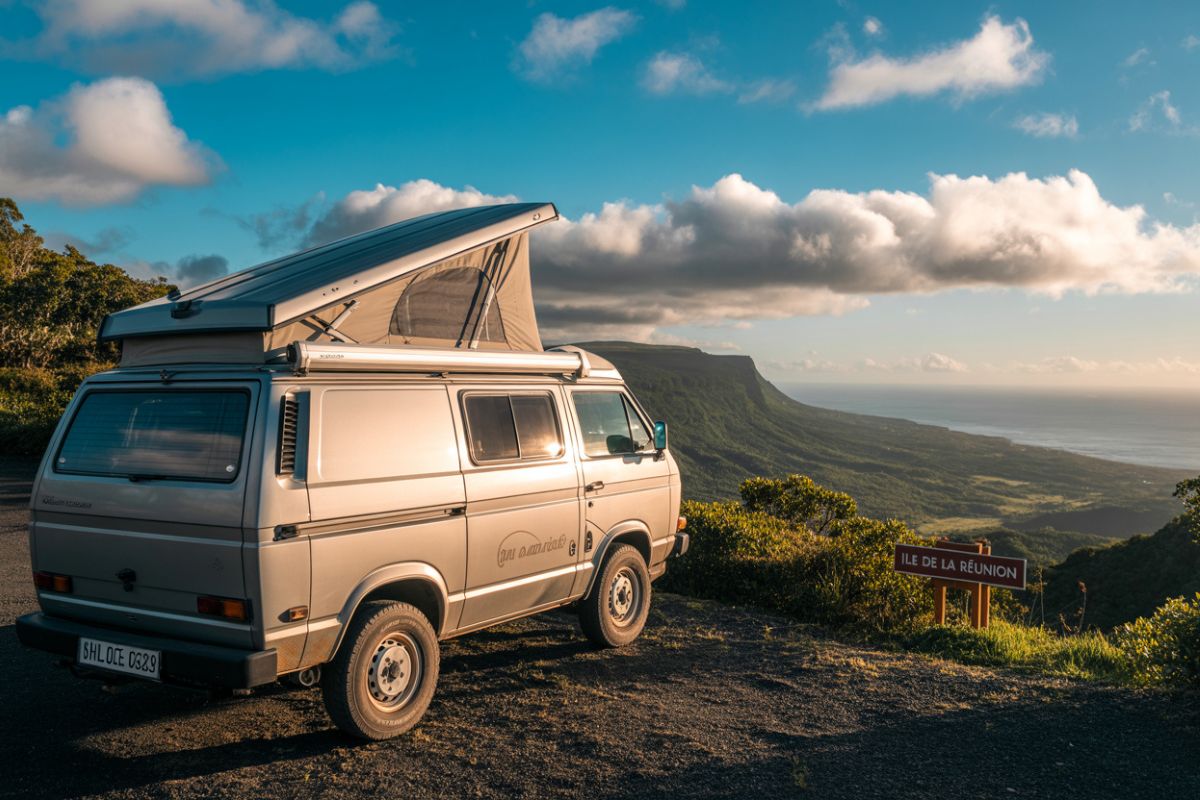 Van Volkswagen au toit relevé déployé, garé à un belvédère de l'île de La Réunion au coucher du soleil