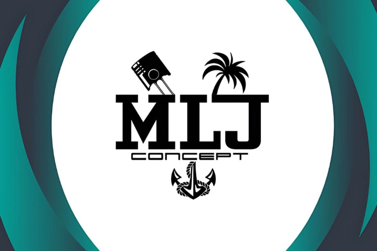 Logo MLJ Concept en typographie noire avec piston de moteur, palmier et ancre marine, sur fond blanc encadré de volutes turquoise rappelant l'océan