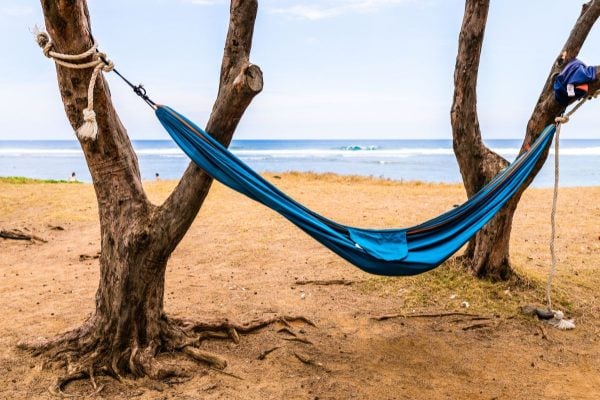 Hamac suspendu entre deux arbres face à l'océan à Terre Sainte, plage de sable doré à proximité directe de plusieurs hôtels sélectionnés