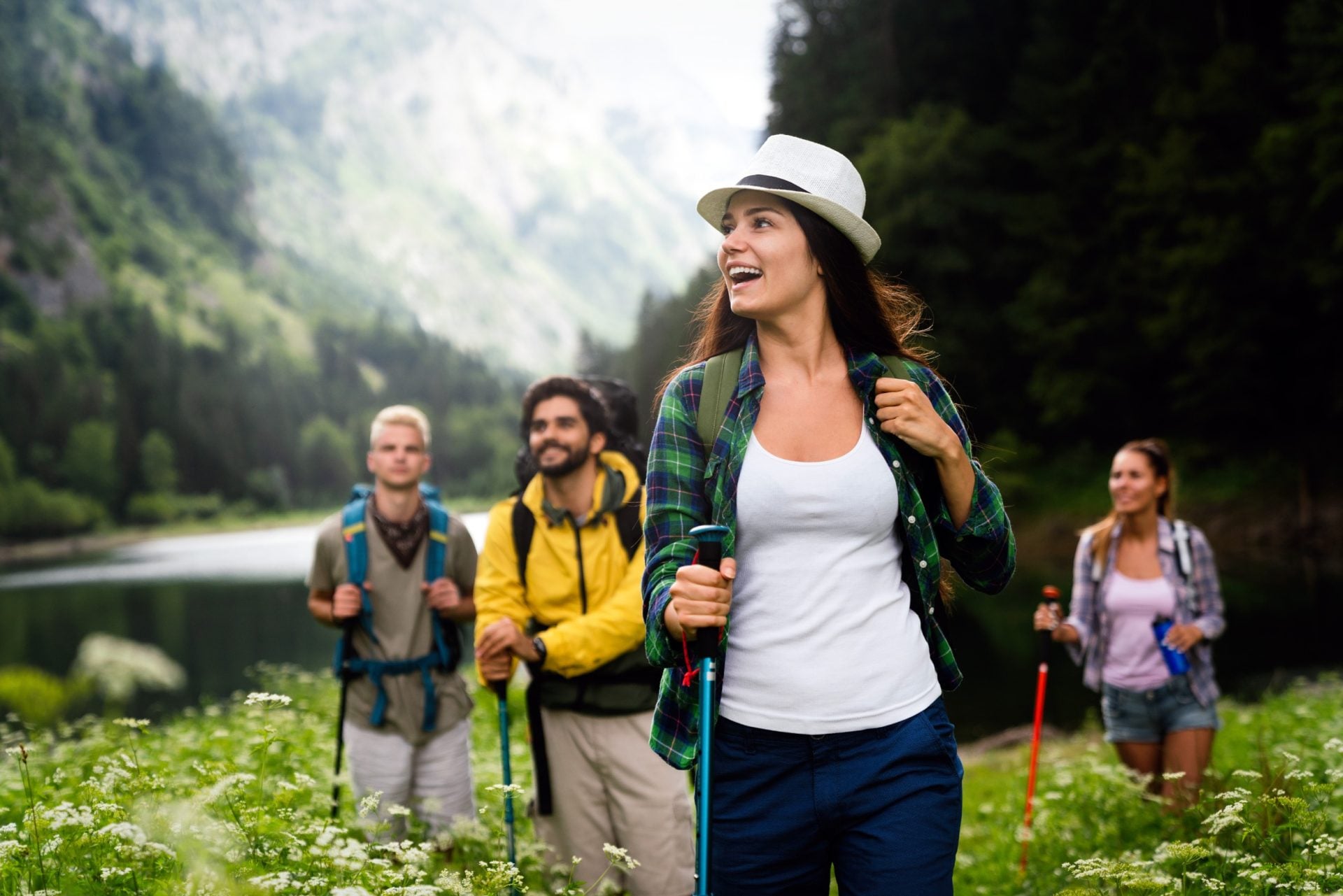 Groupe de randonneurs en montagne, lac en arrière-plan, équipement complet : sacs à dos, bâtons, vêtements techniques
