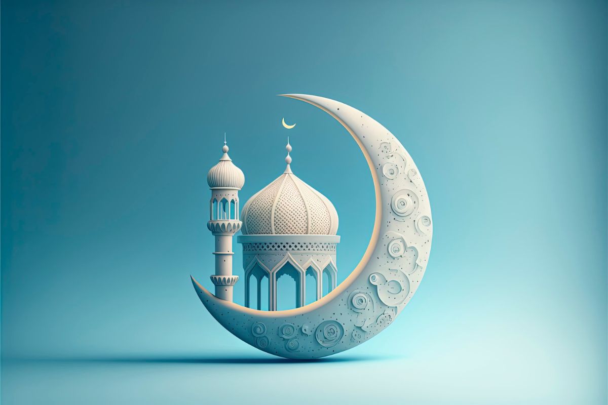 Illustration de mosquée et croissant de lune symbolisant le Ramadan, palette bleue apaisée
