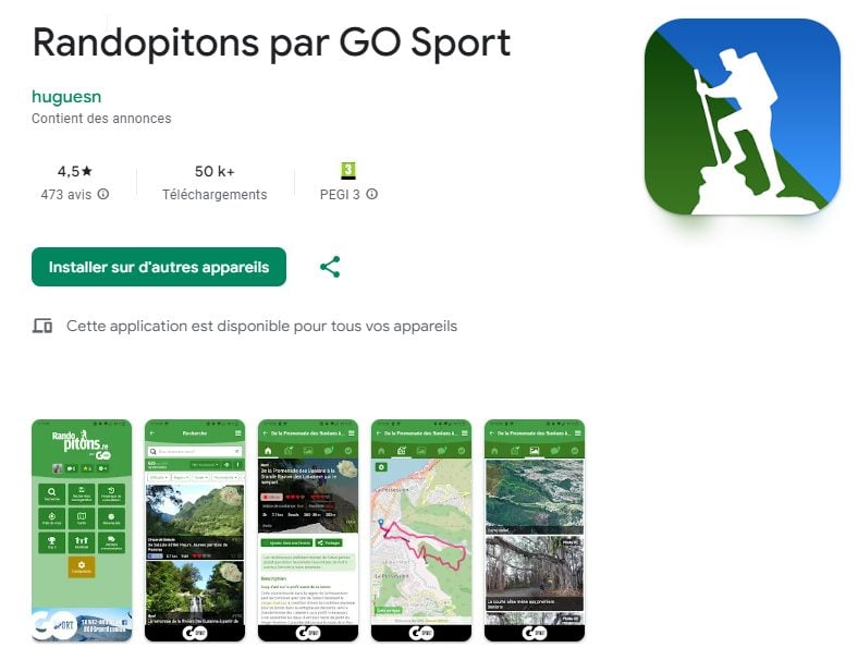 Capture d'écran Google Play de l'application Randopitons par GO Sport, note 4,5 étoiles et 50 000+ téléchargements