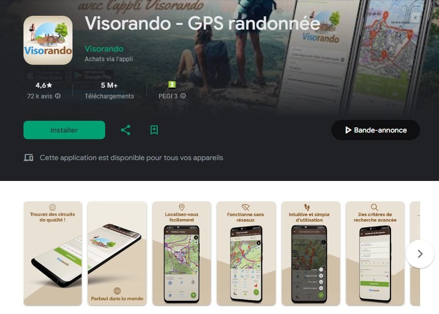 Capture d'écran Google Play de l'application Visorando GPS randonnée, 4,6 étoiles et 5 millions de téléchargements