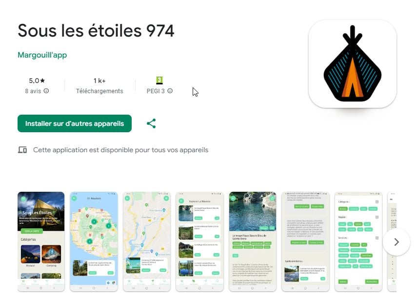 Capture d'écran Google Play de l'application Sous les étoiles 974 par Margouill'app, 5 étoiles, dédiée bivouac et spots