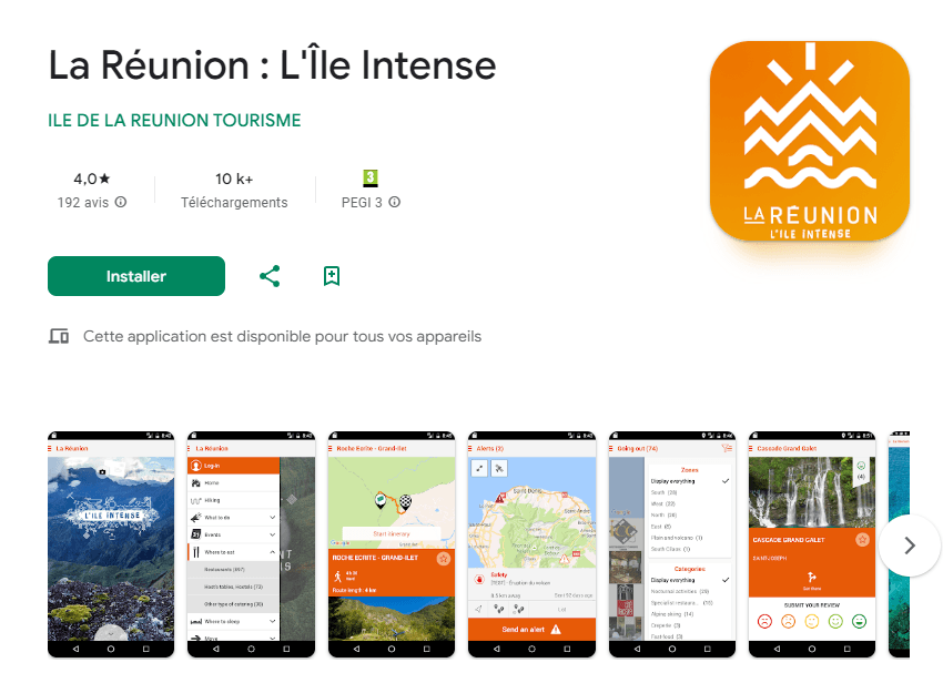 Capture d'écran Google Play de l'application La Réunion L'Île Intense par IRT, app officielle de tourisme