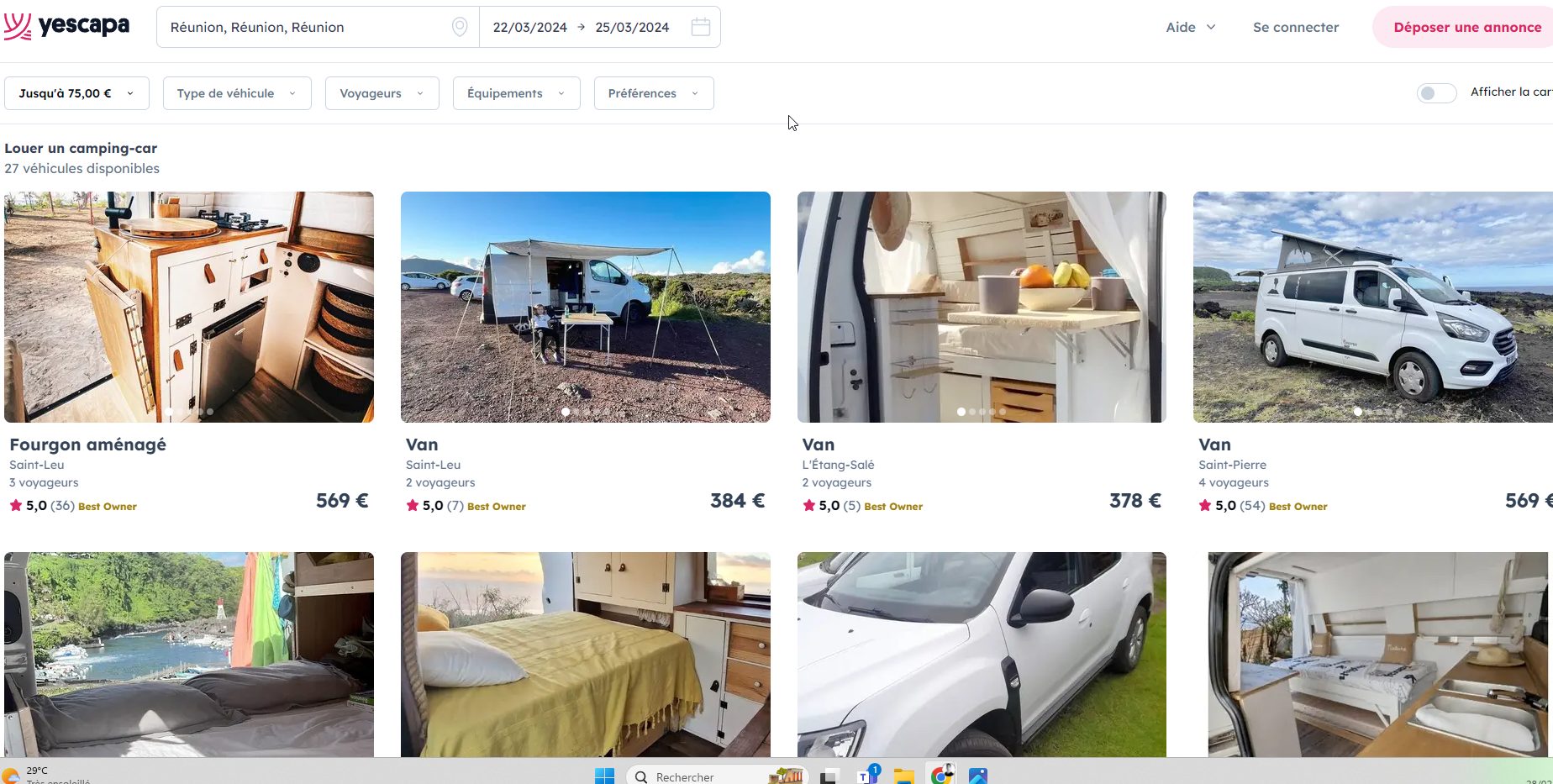 Résultats de recherche Yescapa à La Réunion, 27 véhicules disponibles dont fourgon aménagé Saint-Leu 569 €, van Saint-Leu 384 €, van Étang-Salé 378 €, van Saint-Pierre 569 €