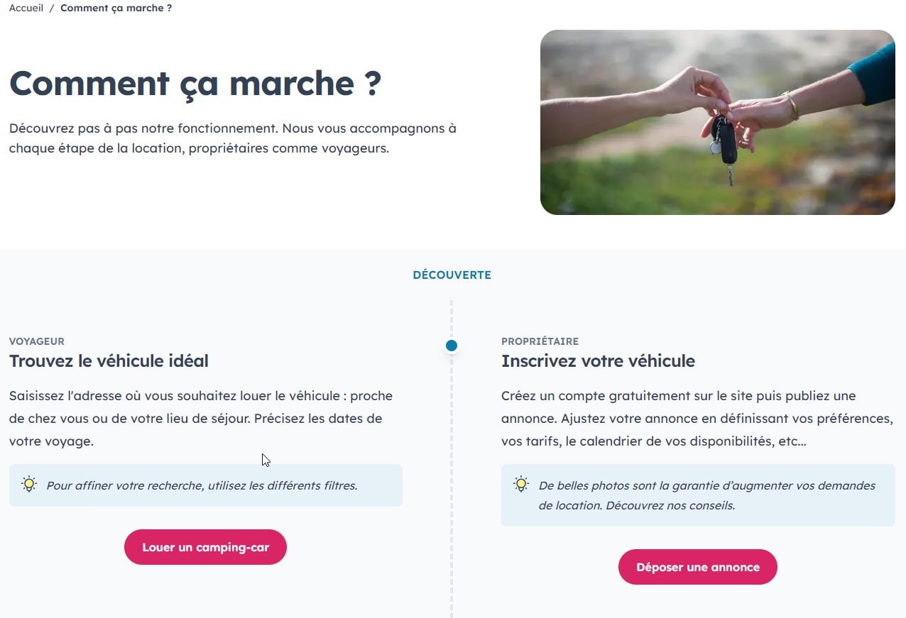 Page Comment ça marche de Yescapa, parcours utilisateur côté voyageur Trouvez le véhicule idéal et côté propriétaire Inscrivez votre véhicule, photo de remise de clés en illustration