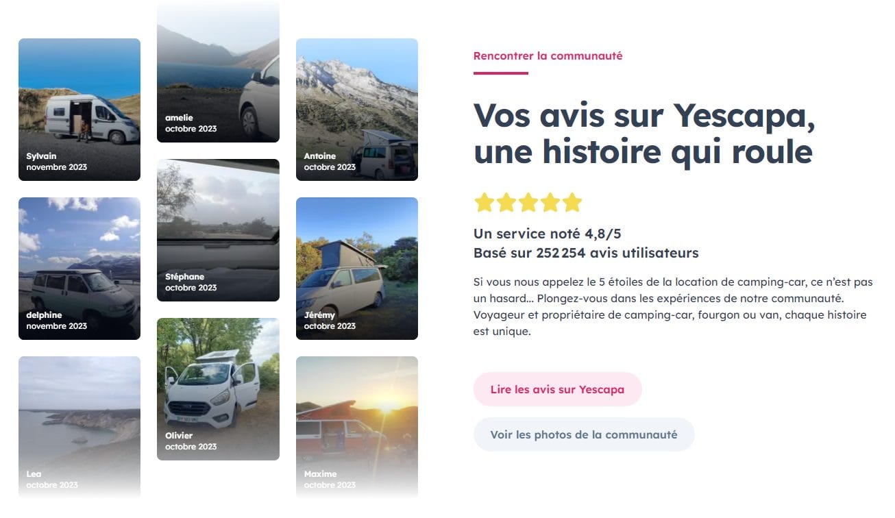 Mosaïque de photos d'utilisateurs Yescapa en road trip avec vans et camping-cars dans des paysages variés, lacs de montagne, bords de mer et déserts, légende Vos avis sur Yescapa une histoire qui roule