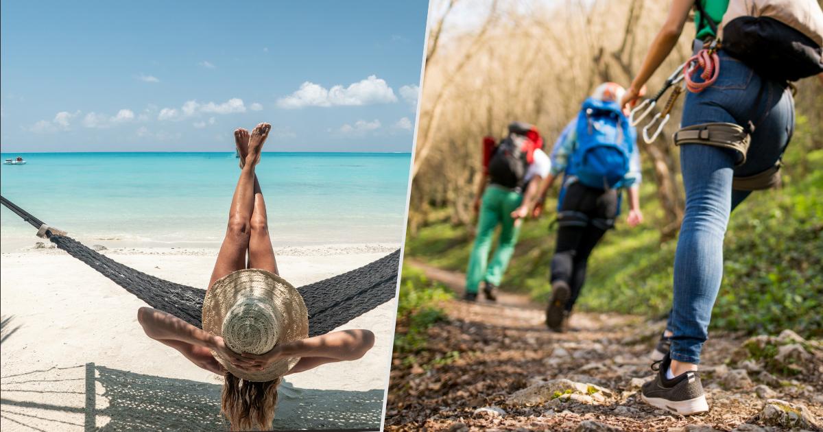 Composition côte à côte : à gauche un hamac sur plage tropicale ( Maurice ), à droite des randonneurs en montagne ( Réunion ), deux profils de séjour opposés