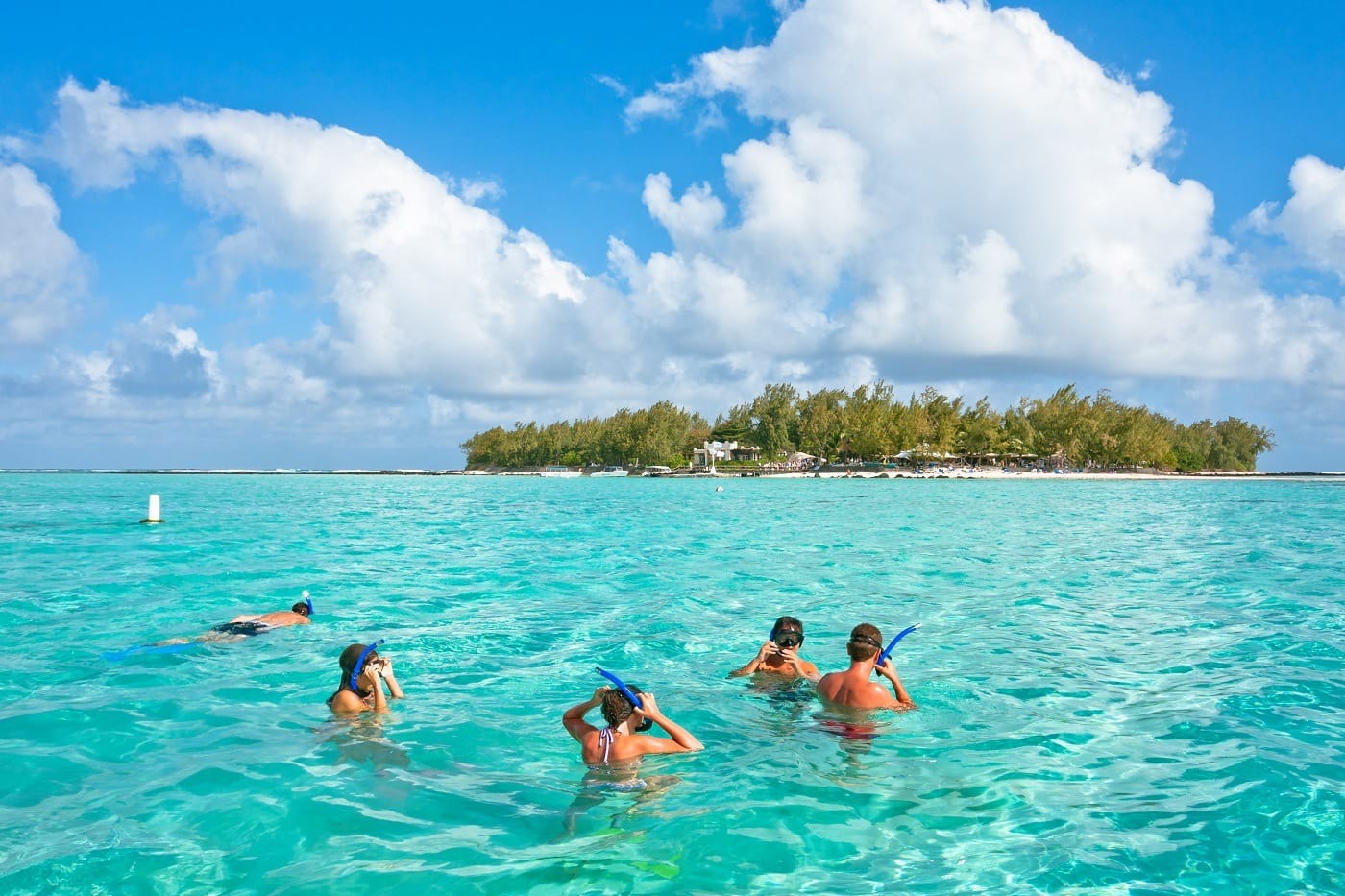 A group of snorkellers in a turquoise lagoon with a wooded islet on the horizon