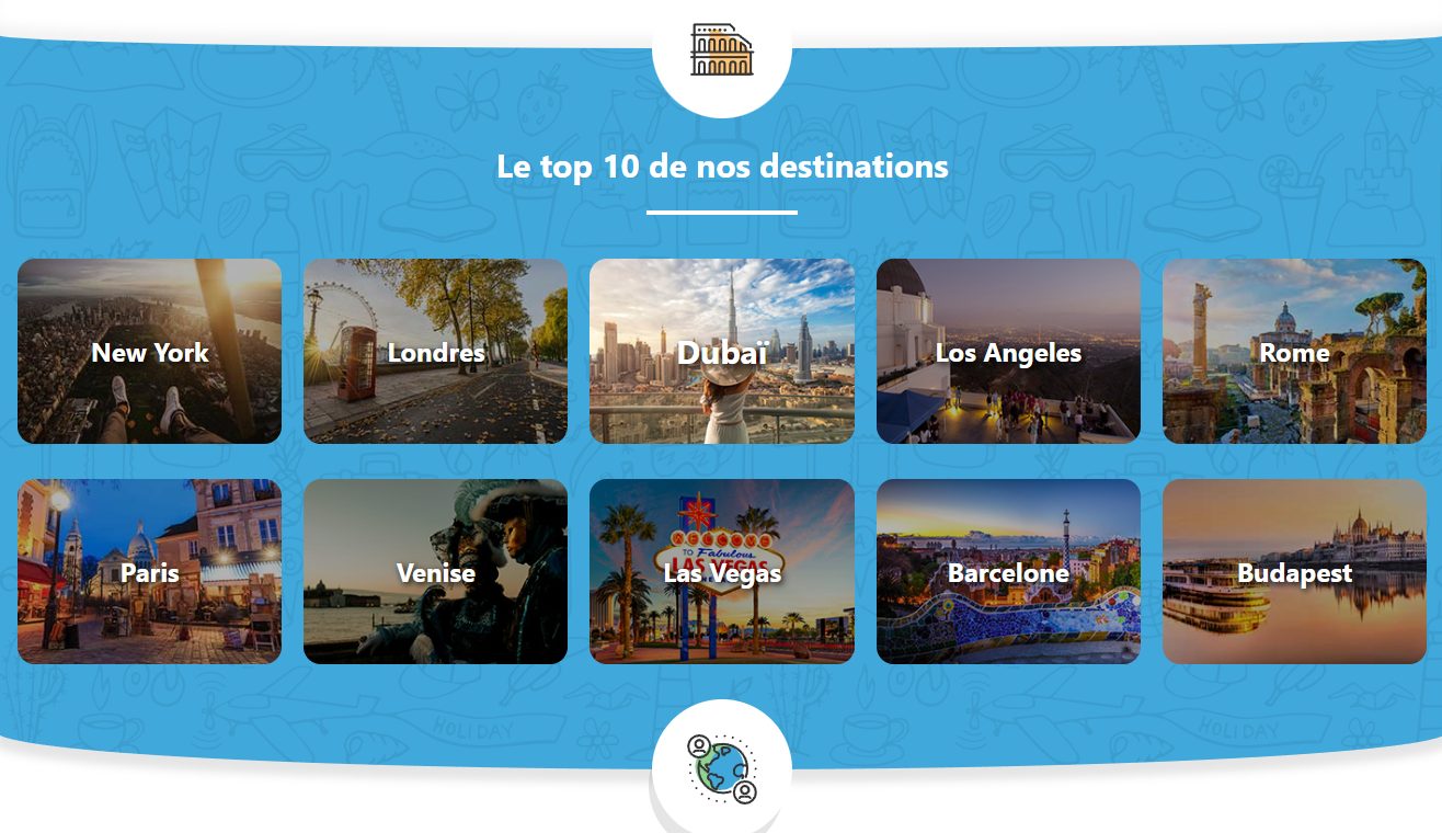 Page Le top 10 de nos destinations Ceetiz avec dix vignettes urbaines New York, Londres, Dubaï, Los Angeles, Rome, Paris, Venise, Las Vegas, Barcelone, Budapest