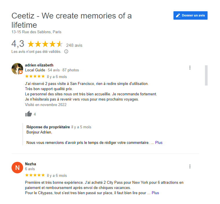 Fiche Google Ceetiz We create memories of a lifetime, adresse Paris 15 rue des Sablons, note 4,3 sur 5 sur 248 avis, deux témoignages 5 étoiles visibles dont un sur le City Pass New York payé en chèques vacances