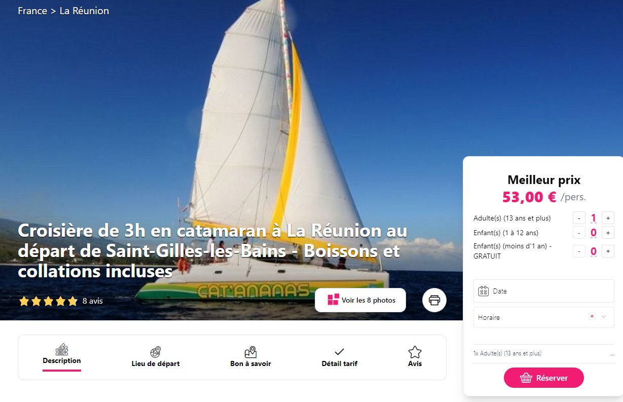 Page activité Ceetiz Croisière de 3 h en catamaran à La Réunion au départ de Saint-Gilles-les-Bains, boissons et collations incluses, à partir de 53 € par adulte, 5 sur 5 sur 8 avis, photo du catamaran Cat'ananas voile blanche et jaune au mouillage