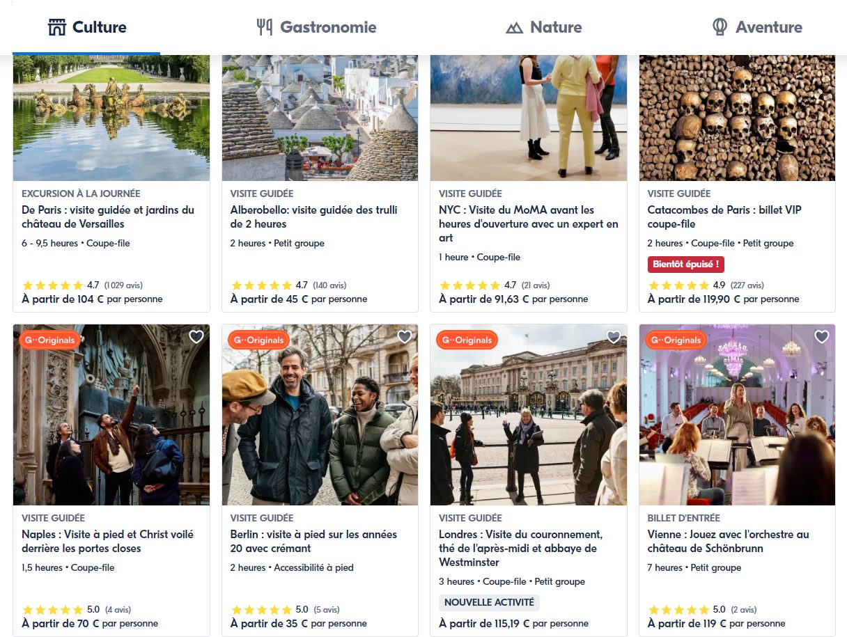 Page Activités GetYourGuide avec onglets Culture Gastronomie Nature Aventure, 8 fiches de visites guidées dont Versailles à partir de 104 €, Alberobello 45 €, MoMA New York 91,63 €, Catacombes de Paris 119,90 €, Naples 70 €, Berlin 35 €, Londres 115,19 €, Vienne 119 €