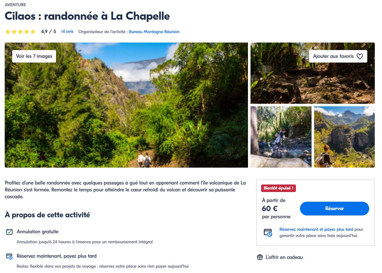 Page activité GetYourGuide Cilaos randonnée à La Chapelle à partir de 60 € par personne, 4,9 sur 5 sur 14 avis, photos du sentier verdoyant et de la cascade, organisateur Bureau Montagne Réunion, annulation gratuite
