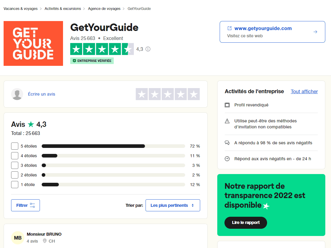 Page Trustpilot GetYourGuide avec note Excellent 4,3 sur 5, 25 663 avis vérifiés, distribution 72 % 5 étoiles, 11 % 4 étoiles, 12 % 1 étoile, entreprise vérifiée