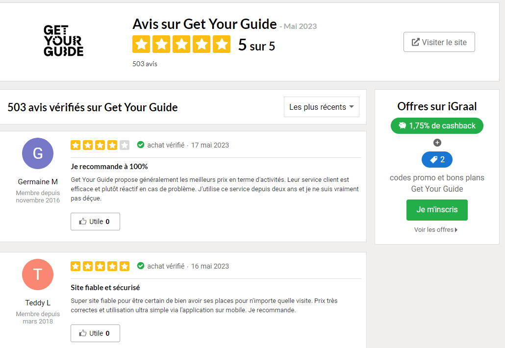 Avis iGraal sur GetYourGuide avec note 5 sur 5 sur 503 avis vérifiés post-achat, témoignages utilisateurs, cashback 1,75 % et deux codes promo disponibles via iGraal