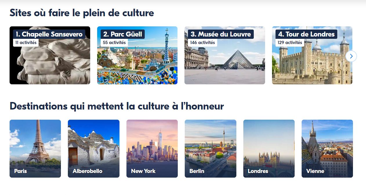 Sites et destinations culture sur GetYourGuide, Chapelle Sansevero, Parc Güell, Musée du Louvre, Tour de Londres, et destinations Paris, Alberobello, New York, Berlin, Londres, Vienne