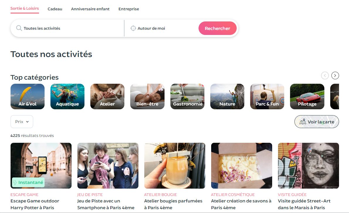 Page Toutes nos activités Funbooker avec barre de recherche, top catégories Air et Vol, Aquatique, Atelier, Bien-être, Gastronomie, Nature, Parc et Fun, Pilotage, 4 225 résultats et cards d'activités Paris Escape Game, Jeu de Piste, Atelier bougie, Atelier savon, Visite Marais