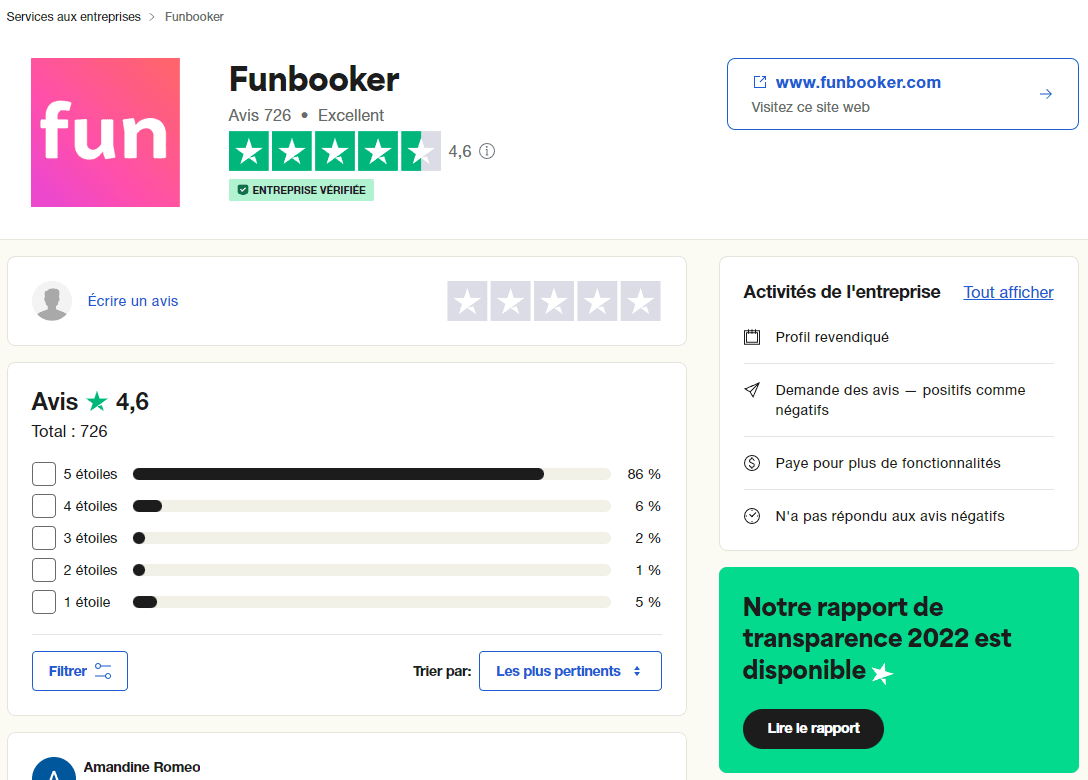 Page Trustpilot Funbooker avec note Excellent 4,6 sur 5 sur 726 avis, distribution 86 % 5 étoiles, 6 % 4 étoiles, 5 % 1 étoile, entreprise vérifiée