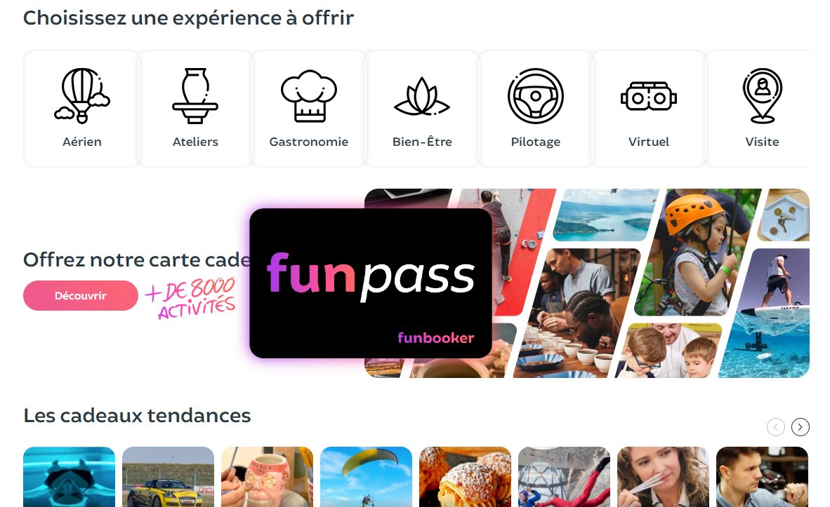 Page Cartes cadeaux Funpass Funbooker avec sélection par catégorie d'expérience à offrir Aérien Ateliers Gastronomie Bien-Être Pilotage Virtuel Visite, visuel du funpass noir et fuchsia, mention plus de 8 000 activités, cards d'expériences tendances en bas