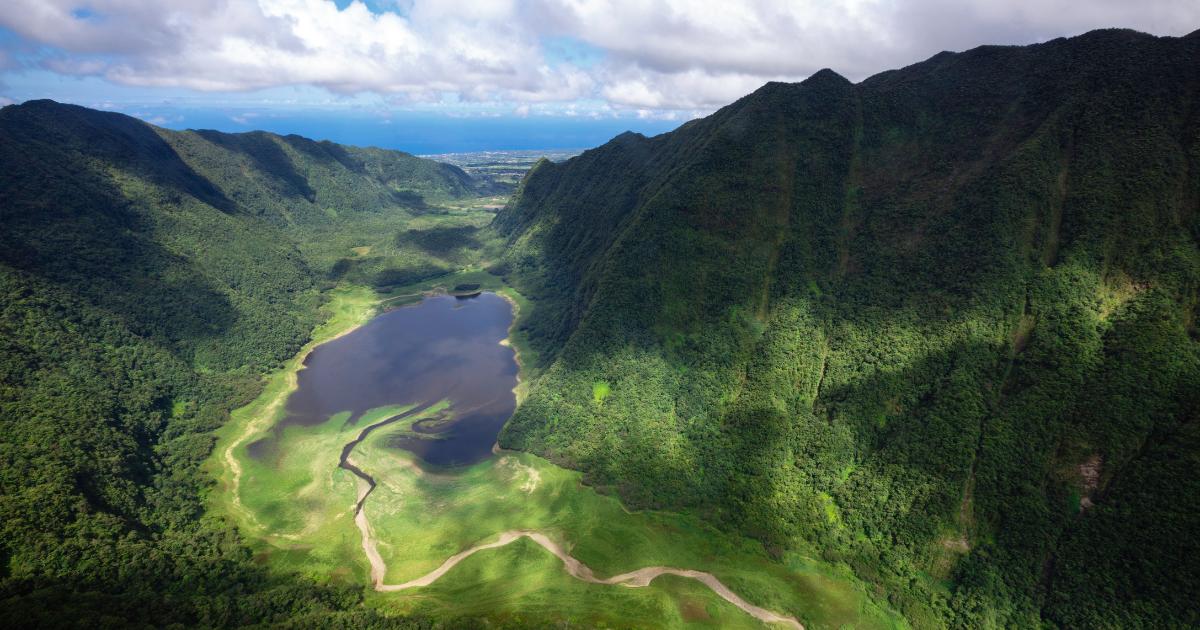 An aerial view of a lush tropical valley in Reunion Island in June, with a lake and the ocean on the horizon, a landscape saturated by the dry season