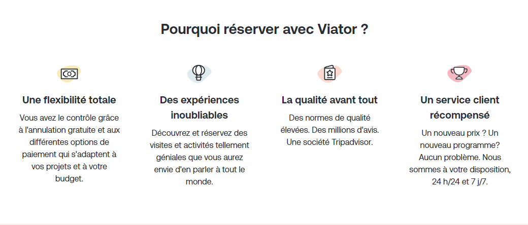 Bloc Pourquoi réserver avec Viator présentant les 4 piliers de la plateforme : Une flexibilité totale annulation gratuite, Des expériences inoubliables, La qualité avant tout société TripAdvisor, Un service client récompensé 24 h sur 24 et 7 j sur 7