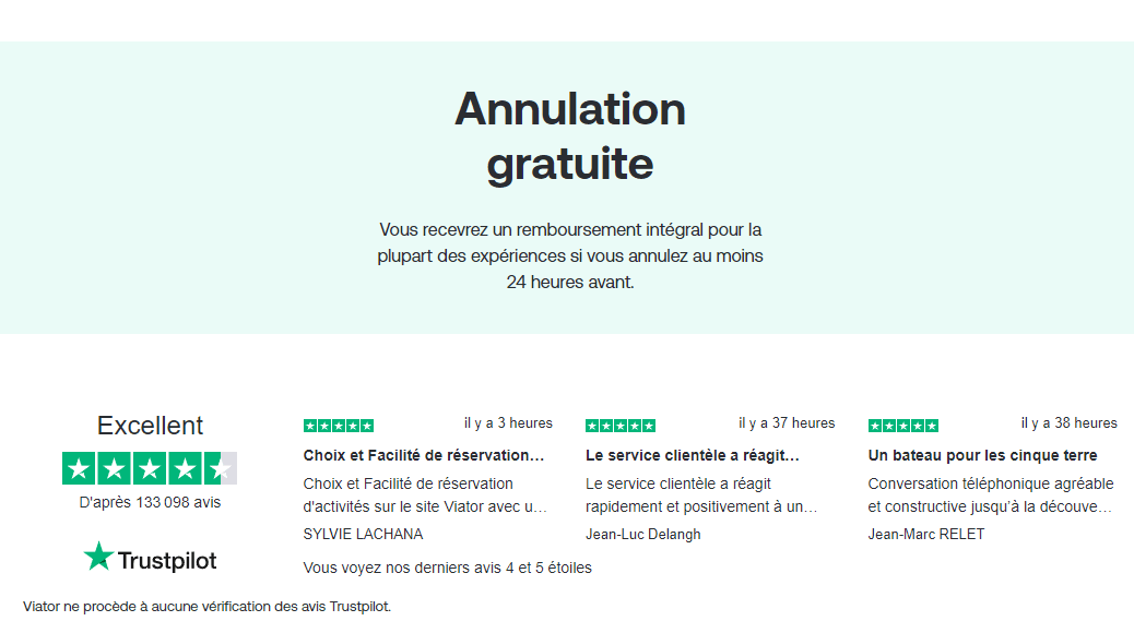 Bloc Annulation gratuite Viator avec remboursement intégral pour une annulation 24 h avant, suivi du module Trustpilot Excellent 4,5 d'après 133 098 avis et trois témoignages 5 étoiles récents sur la facilité de réservation et la réactivité du service client