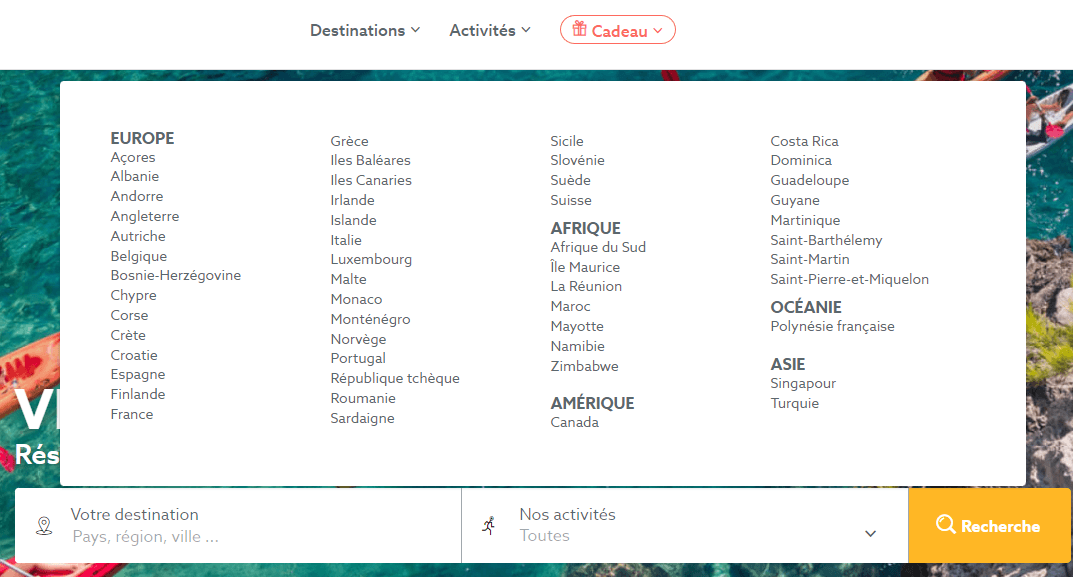 Menu déroulant Destinations sur Manawa avec liste des pays Europe, Afrique, Amérique, Océanie et Asie, La Réunion en évidence dans la colonne Afrique