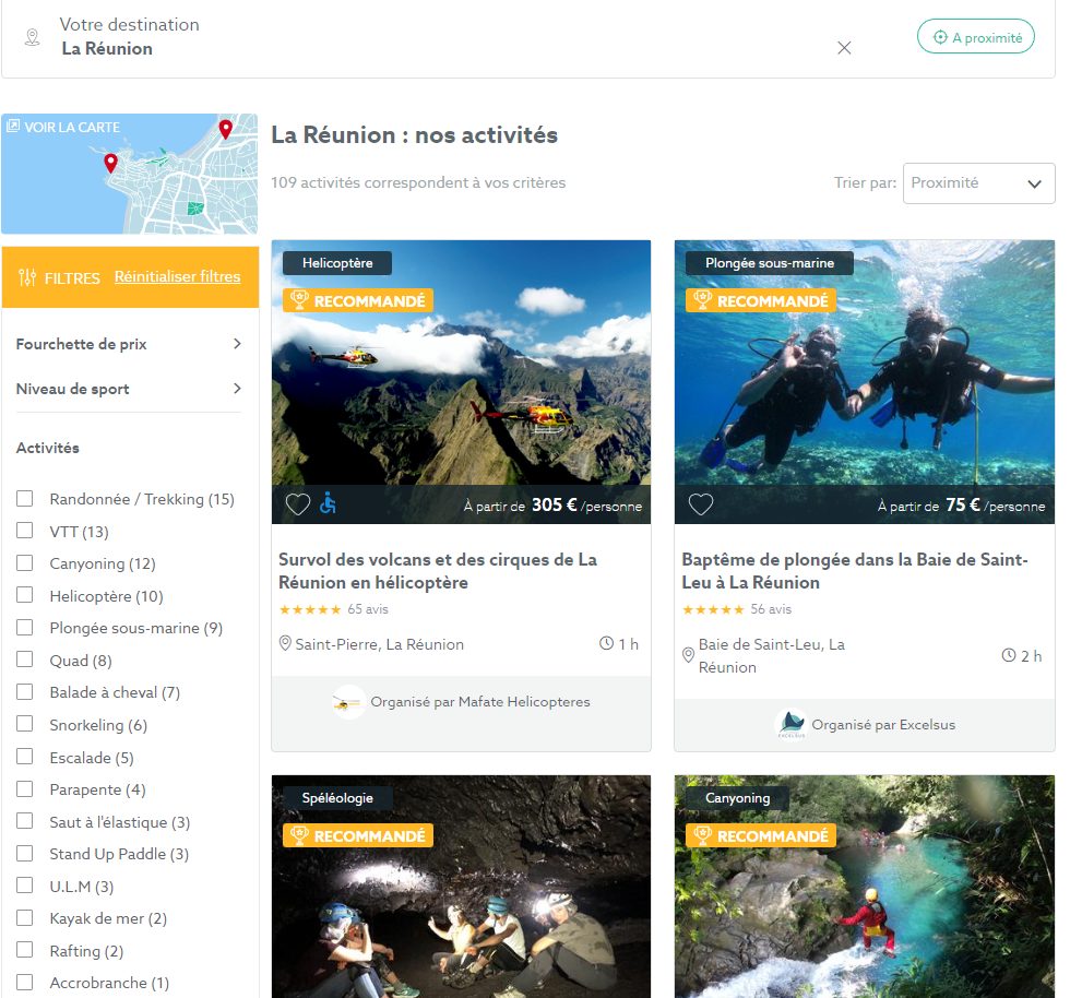 Page résultats Manawa pour La Réunion, 109 activités, premières offres survol hélicoptère Mafate à 305 € et baptême de plongée à 75 € avec photos et notes