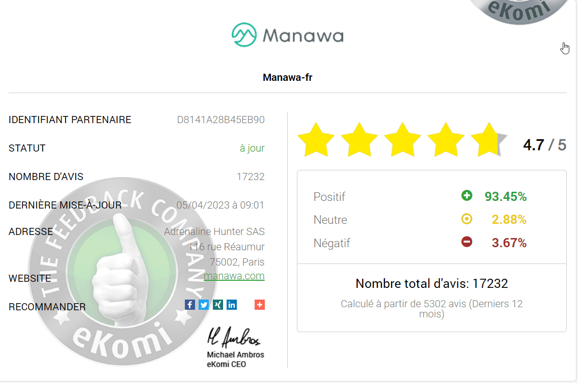 Certificat Ekomi attestant la note Manawa de 4,7 / 5 sur 17 232 avis vérifiés, 93,45 % d'avis positifs, dernière mise à jour avril 2023