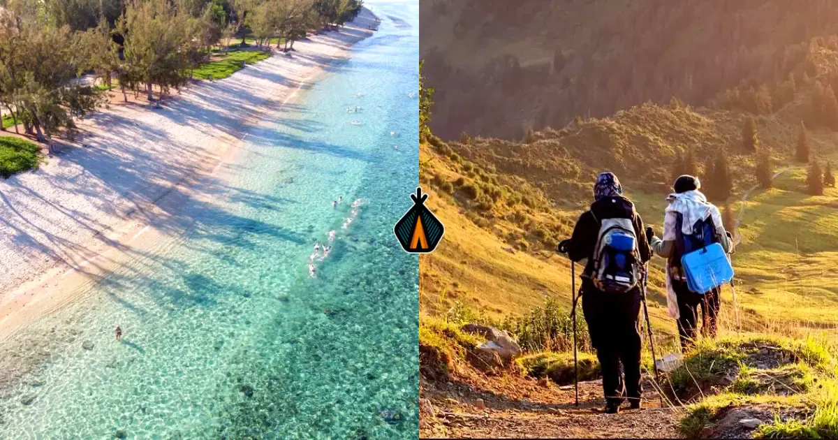 Reunion Island composite: turquoise west-coast lagoon on the left, hikers in the mountainous Hauts on the right