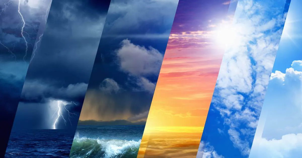 A composite of Reunion Island weather conditions: a storm, tropical rain, sunset, blue sky and clouds
