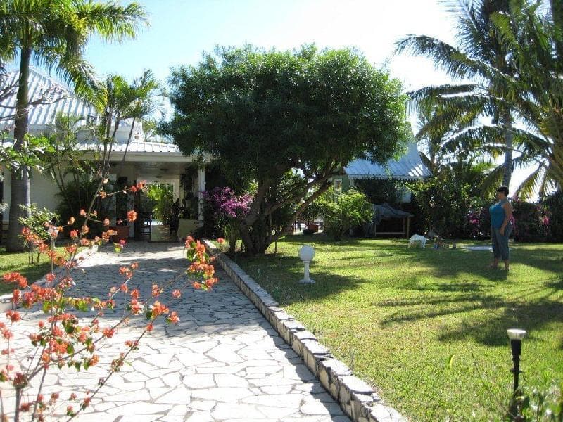 A paved path through the flower garden at Latitude 21, above Saint-Gilles